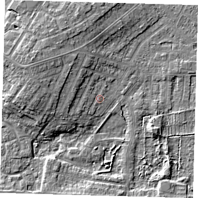 Shaded relief map of the ground around DN344RD, computed from Environment Agency LiDAR. The ground here sits at about 4 m above sea level and falls 9 m across the surrounding 800 m. Surface water reaching this point runs off ground lying to the west, 1.2 m higher.