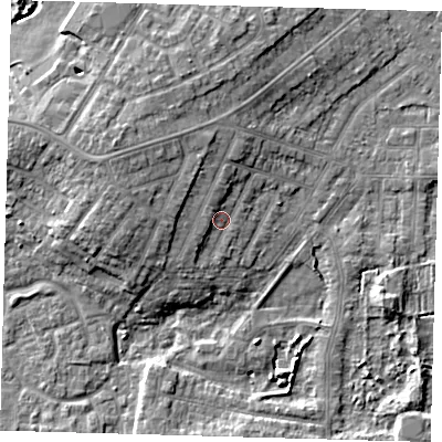 Shaded relief map of the ground around DN344RE, computed from Environment Agency LiDAR. The ground here sits at about 5 m above sea level and falls 9 m across the surrounding 800 m. Surface water reaching this point runs off ground lying to the west-north-west, 2.9 m higher.