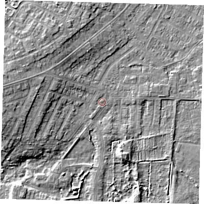 Shaded relief map of the ground around DN344RR, computed from Environment Agency LiDAR. The ground here sits at about 3 m above sea level and falls 8 m across the surrounding 800 m. Surface water reaching this point runs off ground lying to the south-south-east, 1.3 m higher.