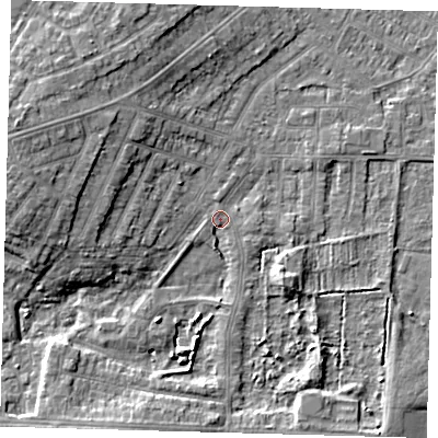 Shaded relief map of the ground around DN344RT, computed from Environment Agency LiDAR. The ground here sits at about 3 m above sea level and falls 9 m across the surrounding 800 m. Surface water reaching this point runs off ground lying to the west-north-west, 6.3 m higher.