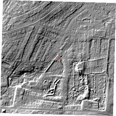 Shaded relief map of the ground around DN344RU, computed from Environment Agency LiDAR. The ground here sits at about 3 m above sea level and falls 9 m across the surrounding 800 m. Surface water reaching this point runs off ground lying to the west-north-west, 6.3 m higher.