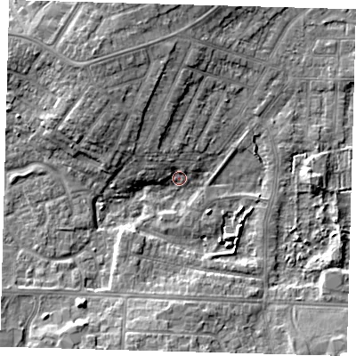 Shaded relief map of the ground around DN344RX, computed from Environment Agency LiDAR. The ground here sits at about 3 m above sea level and falls 9 m across the surrounding 800 m. Surface water reaching this point runs off ground lying to the north-west, 8.3 m higher.