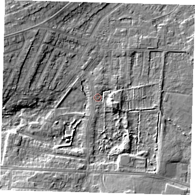 Shaded relief map of the ground around DN344SA, computed from Environment Agency LiDAR. The ground here sits at about 3 m above sea level and falls 8 m across the surrounding 800 m. Surface water reaching this point runs off ground lying to the south-west, 5.1 m higher.