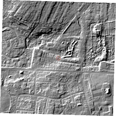 Shaded relief map of the ground around DN344SF, computed from Environment Agency LiDAR. The ground here sits at about 3 m above sea level and falls 9 m across the surrounding 800 m. Surface water reaching this point runs off ground lying to the south, 9.2 m higher.