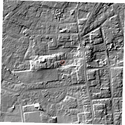 Shaded relief map of the ground around DN344SP, computed from Environment Agency LiDAR. The ground here sits at about 4 m above sea level and falls 6 m across the surrounding 800 m. Surface water reaching this point runs off ground lying to the south-east, 3.3 m higher.