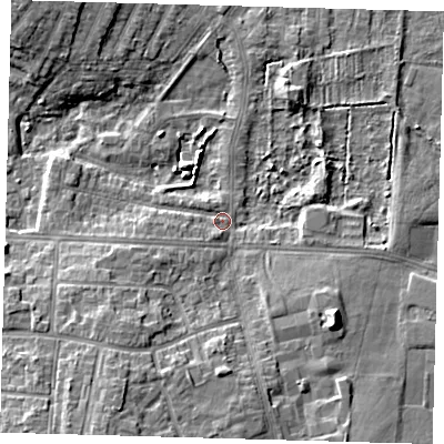 Shaded relief map of the ground around DN344SQ, computed from Environment Agency LiDAR. The ground here sits at about 4 m above sea level and falls 10 m across the surrounding 800 m. Surface water reaching this point runs off ground lying to the west-south-west, 1.9 m higher.
