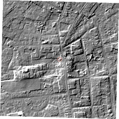 Shaded relief map of the ground around DN344SW, computed from Environment Agency LiDAR. The ground here sits at about 5 m above sea level and falls 5 m across the surrounding 800 m. Surface water reaching this point runs off ground lying to the south-east, 2.8 m higher.