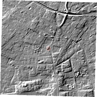 Shaded relief map of the ground around DN344SY, computed from Environment Agency LiDAR. The ground here sits at about 5 m above sea level and falls 8 m across the surrounding 800 m. Surface water reaching this point runs off ground lying to the south, 1.5 m higher.
