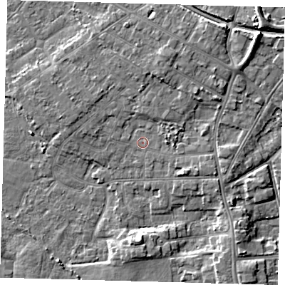 Shaded relief map of the ground around DN344TP, computed from Environment Agency LiDAR. The ground here sits at about 4 m above sea level and falls 8 m across the surrounding 800 m. Surface water reaching this point runs off ground lying to the north-north-east, 3.1 m higher.