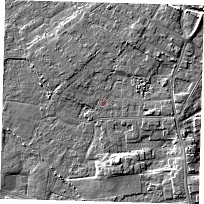 Shaded relief map of the ground around DN344TR, computed from Environment Agency LiDAR. The ground here sits at about 4 m above sea level and falls 8 m across the surrounding 800 m. Surface water reaching this point runs off ground lying to the north-north-east, 3.2 m higher.