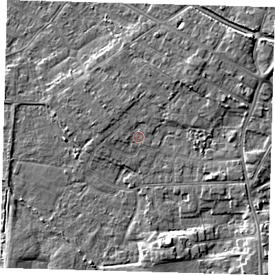 Shaded relief map of the ground around DN344TS, computed from Environment Agency LiDAR. The ground here sits at about 4 m above sea level and falls 6 m across the surrounding 800 m. Surface water reaching this point runs off ground lying to the north-east, 2.2 m higher.