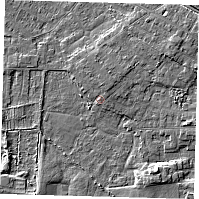 Shaded relief map of the ground around DN344TY, computed from Environment Agency LiDAR. The ground here sits at about 4 m above sea level and falls 5 m across the surrounding 800 m. Surface water reaching this point runs off ground lying to the north-east, 2.2 m higher.