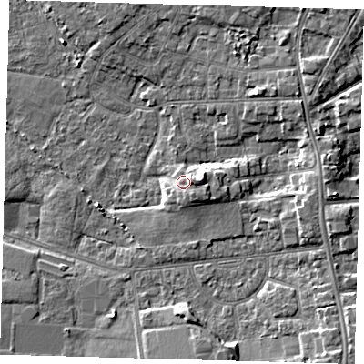 Shaded relief map of the ground around DN344UA, computed from Environment Agency LiDAR. The ground here sits at about 5 m above sea level and falls 6 m across the surrounding 800 m. Surface water reaching this point runs off ground lying to the east, 2.5 m higher.