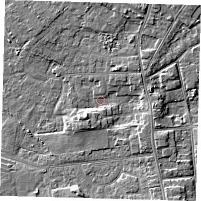 Shaded relief map of the ground around DN344UD, computed from Environment Agency LiDAR. The ground here sits at about 3 m above sea level and falls 6 m across the surrounding 800 m. Surface water reaching this point runs off ground lying to the south-west, 3.9 m higher.