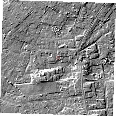 Shaded relief map of the ground around DN344UN, computed from Environment Agency LiDAR. The ground here sits at about 4 m above sea level and falls 5 m across the surrounding 800 m. Surface water reaching this point runs off ground lying to the south-west, 3.8 m higher.