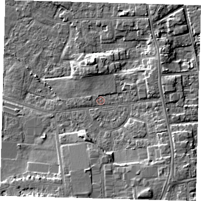 Shaded relief map of the ground around DN345AE, computed from Environment Agency LiDAR. The ground here sits at about 4 m above sea level and falls 7 m across the surrounding 800 m. Surface water reaching this point runs off ground lying to the east, 2.7 m higher.