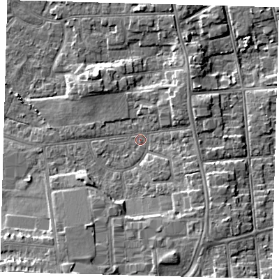 Shaded relief map of the ground around DN345AF, computed from Environment Agency LiDAR. The ground here sits at about 4 m above sea level and falls 7 m across the surrounding 800 m. Surface water reaching this point runs off ground lying to the east-north-east, 2.5 m higher.