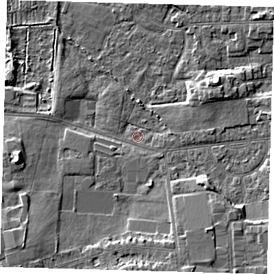 Shaded relief map of the ground around DN345AG, computed from Environment Agency LiDAR. The ground here sits at about 3 m above sea level and falls 8 m across the surrounding 800 m. Surface water reaching this point runs off ground lying to the south-south-east, 6.2 m higher.