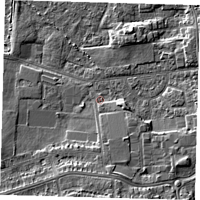Shaded relief map of the ground around DN345AJ, computed from Environment Agency LiDAR. The ground here sits at about 4 m above sea level and falls 9 m across the surrounding 800 m. Surface water reaching this point runs off ground lying to the south, 5.0 m higher.