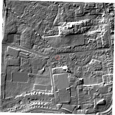 Shaded relief map of the ground around DN345AL, computed from Environment Agency LiDAR. The ground here sits at about 4 m above sea level and falls 7 m across the surrounding 800 m. Surface water reaching this point runs off ground lying to the south, 5.7 m higher.
