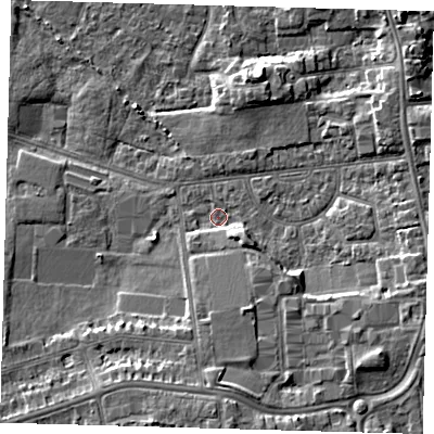 Shaded relief map of the ground around DN345AN, computed from Environment Agency LiDAR. The ground here sits at about 4 m above sea level and falls 8 m across the surrounding 800 m. Surface water reaching this point runs off ground lying to the south-east, 3.4 m higher.