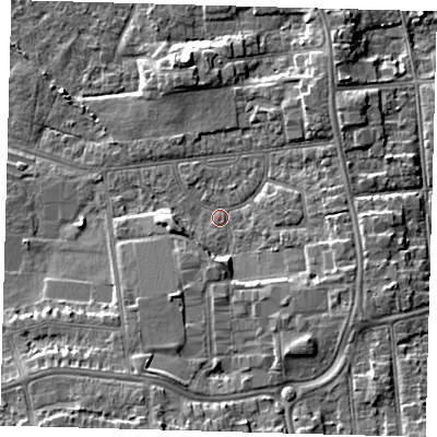 Shaded relief map of the ground around DN345AP, computed from Environment Agency LiDAR. The ground here sits at about 4 m above sea level and falls 9 m across the surrounding 800 m. Surface water reaching this point runs off ground lying to the south-south-west, 6.8 m higher.