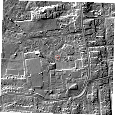 Shaded relief map of the ground around DN345AR, computed from Environment Agency LiDAR. The ground here sits at about 4 m above sea level and falls 9 m across the surrounding 800 m. Surface water reaching this point runs off ground lying to the south-south-west, 7.1 m higher.