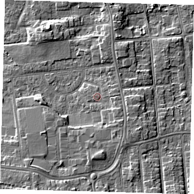 Shaded relief map of the ground around DN345AS, computed from Environment Agency LiDAR. The ground here sits at about 6 m above sea level and falls 9 m across the surrounding 800 m. Surface water reaching this point runs off ground lying to the east-south-east, 2.3 m higher.