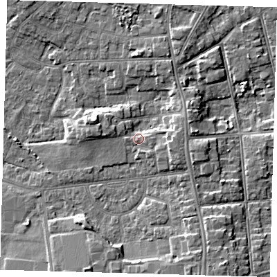 Shaded relief map of the ground around DN345AT, computed from Environment Agency LiDAR. The ground here sits at about 5 m above sea level and falls 7 m across the surrounding 800 m. Surface water reaching this point runs off ground lying to the west-north-west, 2.2 m higher.