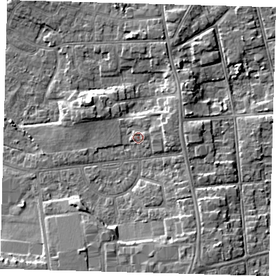 Shaded relief map of the ground around DN345AU, computed from Environment Agency LiDAR. The ground here sits at about 5 m above sea level and falls 7 m across the surrounding 800 m. Surface water reaching this point runs off ground lying to the east-north-east, 1.3 m higher.