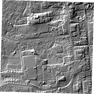 Shaded relief map of the ground around DN345AW, computed from Environment Agency LiDAR. The ground here sits at about 4 m above sea level and falls 8 m across the surrounding 800 m. Surface water reaching this point runs off ground lying to the east-south-east, 4.0 m higher.