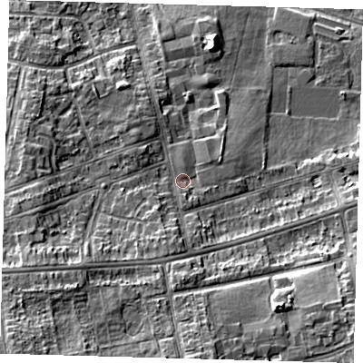 Shaded relief map of the ground around DN345BY, computed from Environment Agency LiDAR. The ground here sits at about 7 m above sea level and falls 12 m across the surrounding 800 m. Surface water reaching this point runs off ground lying to the south, 3.5 m higher.