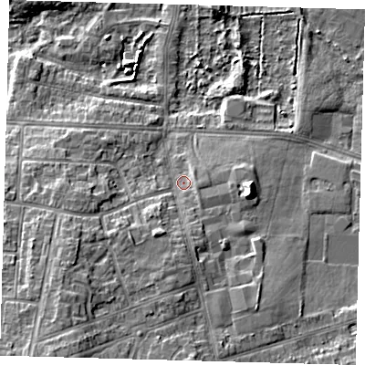 Shaded relief map of the ground around DN345BZ, computed from Environment Agency LiDAR. The ground here sits at about 5 m above sea level and falls 10 m across the surrounding 800 m. Surface water reaching this point runs off ground lying to the south-west, 6.3 m higher.