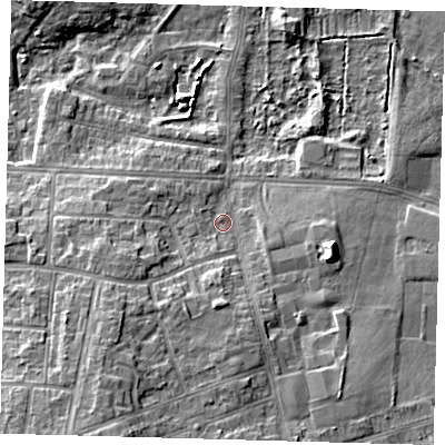 Shaded relief map of the ground around DN345DA, computed from Environment Agency LiDAR. The ground here sits at about 5 m above sea level and falls 10 m across the surrounding 800 m. Surface water reaching this point runs off ground lying to the south-south-west, 6.4 m higher.