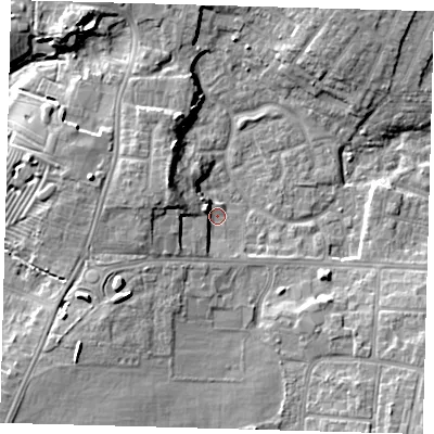 Shaded relief map of the ground around DN345DN, computed from Environment Agency LiDAR. The ground here sits at about 4 m above sea level and falls 10 m across the surrounding 800 m. Surface water reaching this point runs off ground lying to the west-north-west, 4.8 m higher.
