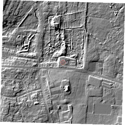 Shaded relief map of the ground around DN345DX, computed from Environment Agency LiDAR. The ground here sits at about 4 m above sea level and falls 10 m across the surrounding 800 m. The ground contributing surface water to this point lies to the south-west.