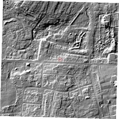 Shaded relief map of the ground around DN345EA, computed from Environment Agency LiDAR. The ground here sits at about 5 m above sea level and falls 10 m across the surrounding 800 m. Surface water reaching this point runs off ground lying to the south-south-east, 1.5 m higher.