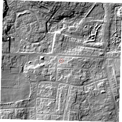 Shaded relief map of the ground around DN345EB, computed from Environment Agency LiDAR. The ground here sits at about 5 m above sea level and falls 10 m across the surrounding 800 m. Surface water reaching this point runs off ground lying to the south, 5.3 m higher.