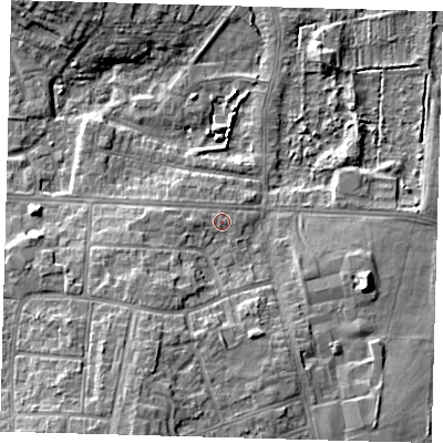 Shaded relief map of the ground around DN345EL, computed from Environment Agency LiDAR. The ground here sits at about 5 m above sea level and falls 10 m across the surrounding 800 m. Surface water reaching this point runs off ground lying to the south-south-west, 5.0 m higher.