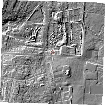 Shaded relief map of the ground around DN345EN, computed from Environment Agency LiDAR. The ground here sits at about 4 m above sea level and falls 10 m across the surrounding 800 m. Surface water reaching this point runs off ground lying to the east, 2.5 m higher.