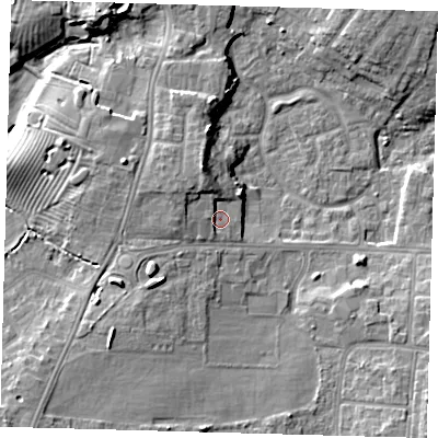 Shaded relief map of the ground around DN345ST, computed from Environment Agency LiDAR. The ground here sits at about 6 m above sea level and falls 10 m across the surrounding 800 m. Surface water reaching this point runs off ground lying to the north-north-west, 3.7 m higher.
