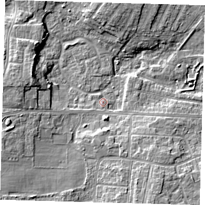 Shaded relief map of the ground around DN345TE, computed from Environment Agency LiDAR. The ground here sits at about 3 m above sea level and falls 11 m across the surrounding 800 m. Surface water reaching this point runs off ground lying to the west-south-west, 2.3 m higher.