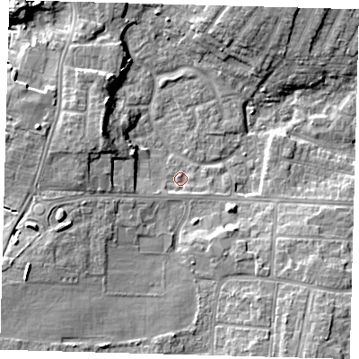 Shaded relief map of the ground around DN345TS, computed from Environment Agency LiDAR. The ground here sits at about 3 m above sea level and falls 10 m across the surrounding 800 m. Surface water reaching this point runs off ground lying to the south-south-west, 1.9 m higher.