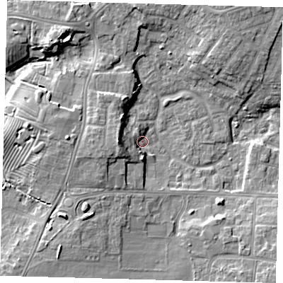 Shaded relief map of the ground around DN345UR, computed from Environment Agency LiDAR. The ground here sits at about 3 m above sea level and falls 10 m across the surrounding 800 m. Surface water reaching this point runs off ground lying to the west, 9.1 m higher.