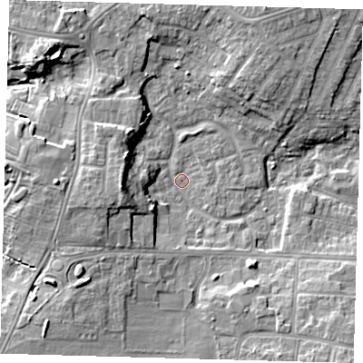 Shaded relief map of the ground around DN345UX, computed from Environment Agency LiDAR. The ground here sits at about 2 m above sea level and falls 10 m across the surrounding 800 m. Surface water reaching this point runs off ground lying to the west, 9.1 m higher.