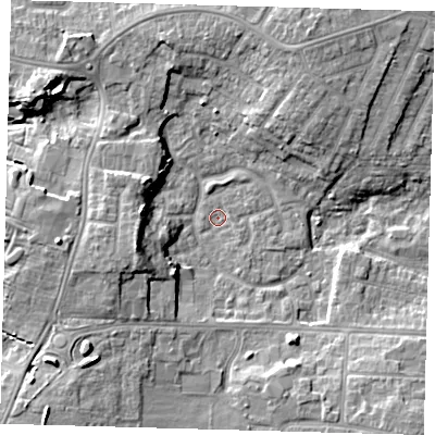 Shaded relief map of the ground around DN345XL, computed from Environment Agency LiDAR. The ground here sits at about 2 m above sea level and falls 10 m across the surrounding 800 m. Surface water reaching this point runs off ground lying to the west-south-west, 9.1 m higher.