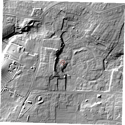 Shaded relief map of the ground around DN345XN, computed from Environment Agency LiDAR. The ground here sits at about 5 m above sea level and falls 10 m across the surrounding 800 m. Surface water reaching this point runs off ground lying to the south-west, 5.2 m higher.