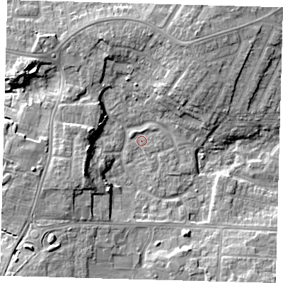 Shaded relief map of the ground around DN345XP, computed from Environment Agency LiDAR. The ground here sits at about 3 m above sea level and falls 10 m across the surrounding 800 m. Surface water reaching this point runs off ground lying to the west-south-west, 9.1 m higher.