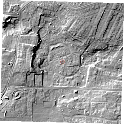 Shaded relief map of the ground around DN345XS, computed from Environment Agency LiDAR. The ground here sits at about 3 m above sea level and falls 10 m across the surrounding 800 m. Surface water reaching this point runs off ground lying to the west, 9.1 m higher.