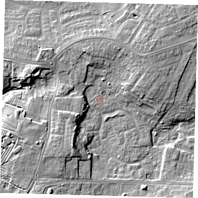 Shaded relief map of the ground around DN345XT, computed from Environment Agency LiDAR. The ground here sits at about 3 m above sea level and falls 10 m across the surrounding 800 m. Surface water reaching this point runs off ground lying to the north, 1.0 m higher.